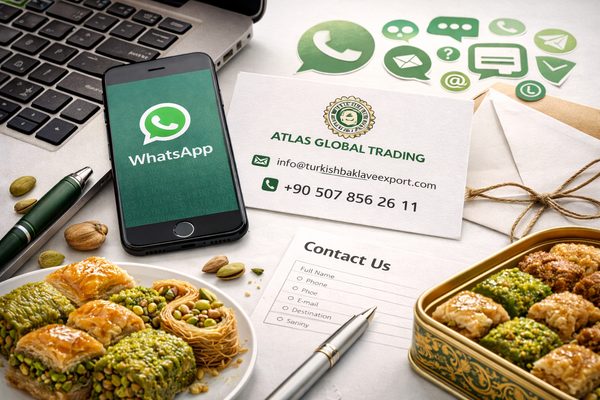 Contact and communication concept with pistachio baklava colors on white background