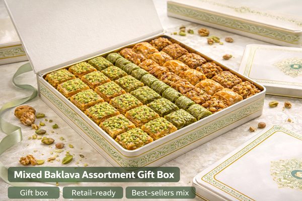 Mixed baklava assortment gift box — retail-ready export packaging with pistachio and walnut varieties